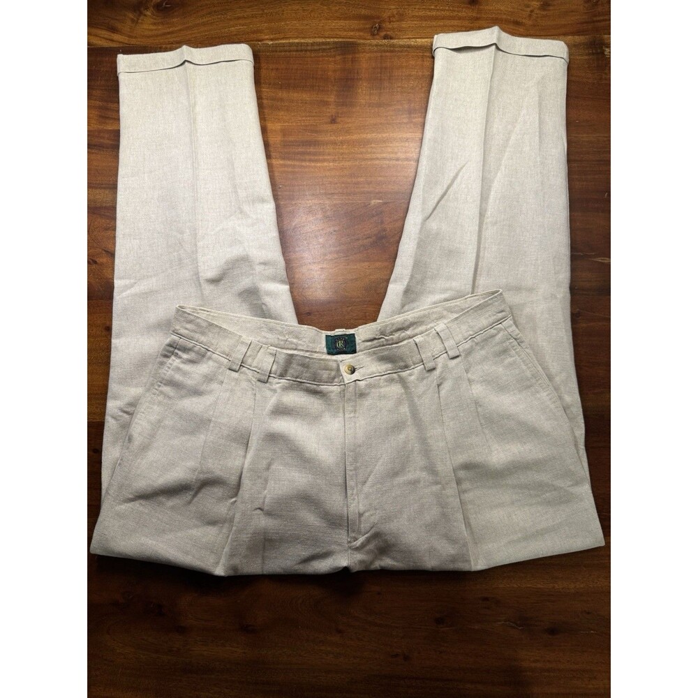Club Room Mens Vintage beige Linen Pleated Cuffed Trousers Pants Sz 40 x 32